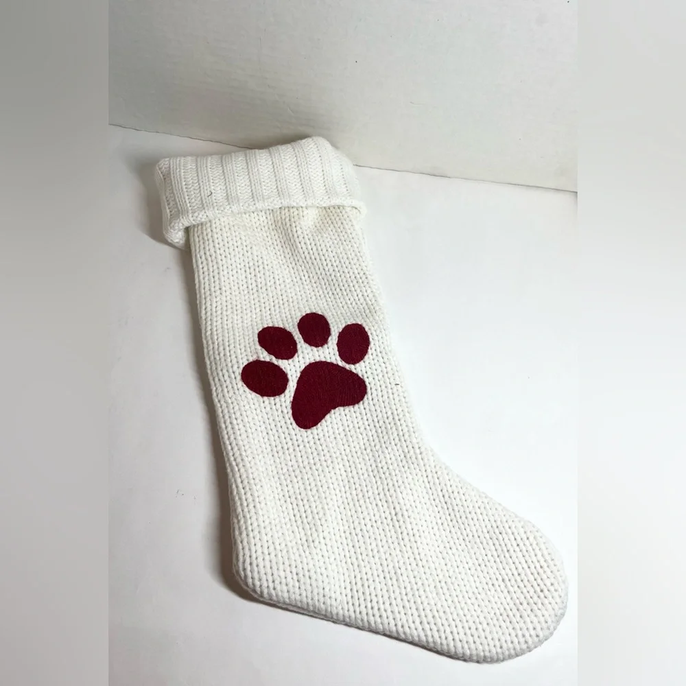 PETS - (1) WHITE KNIT CHRISTMAS STOCKING W/RED PAW PRINT/(1) MINI RED STOCKING
